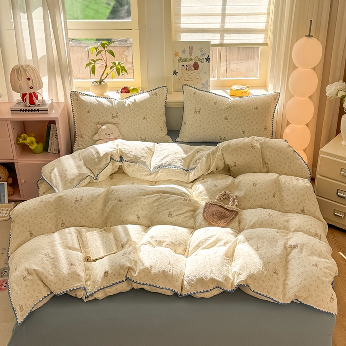 91家纺网 家纺一手货源 找家纺 对白 2026新款A类全棉纯棉有氧双层纱贝壳边三角针四件套 疏影