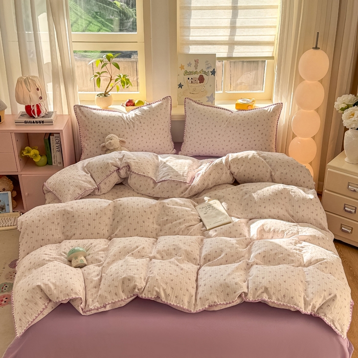 91家纺网 家纺一手货源 找家纺 对白 2026新款A类全棉纯棉有氧双层纱贝壳边三角针四件套 花颜-紫