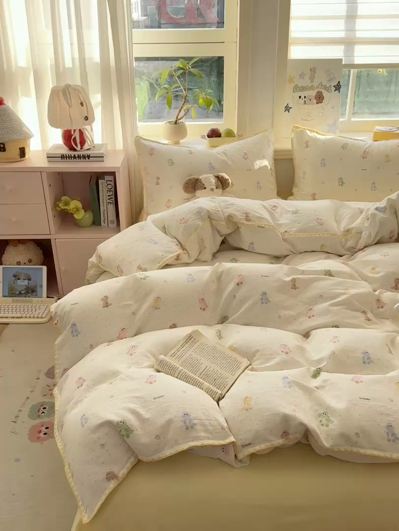 91家纺网 家纺一手货源 找家纺 对白 2026新款A类全棉纯棉有氧双层纱贝壳边三角针四件套 七彩小恐龙