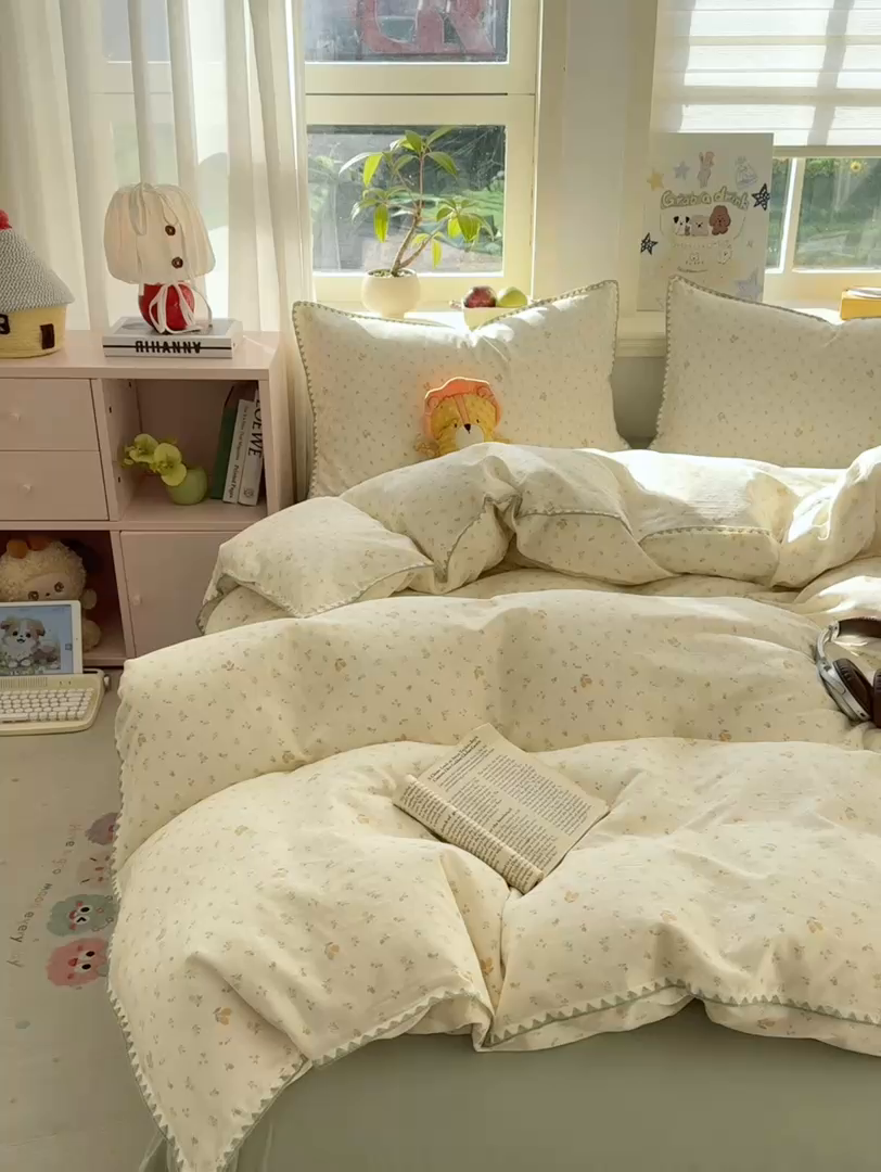 91家纺网 家纺一手货源 找家纺 对白 2026新款A类全棉纯棉有氧双层纱贝壳边三角针四件套 柠栀