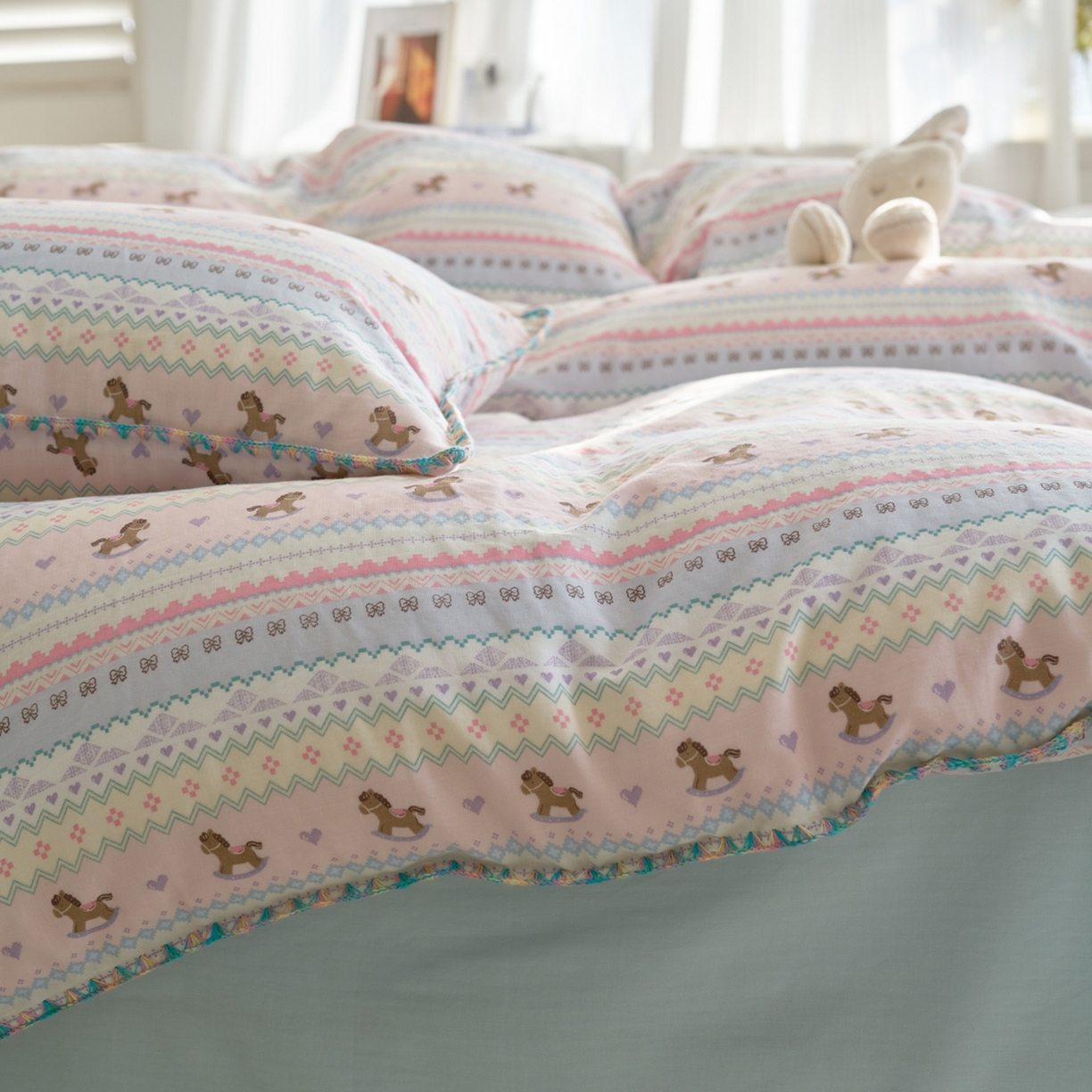 91家纺网 家纺一手货源 找家纺 洋铭区（原狠狠爱） 2026新款春季全棉彩边双层纱四件套 爱心宝莉