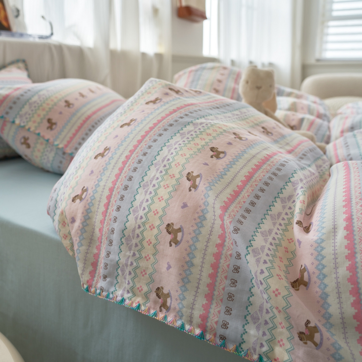 91家纺网 家纺一手货源 找家纺 洋铭区（原狠狠爱） 2026新款春季全棉彩边双层纱四件套 爱心宝莉