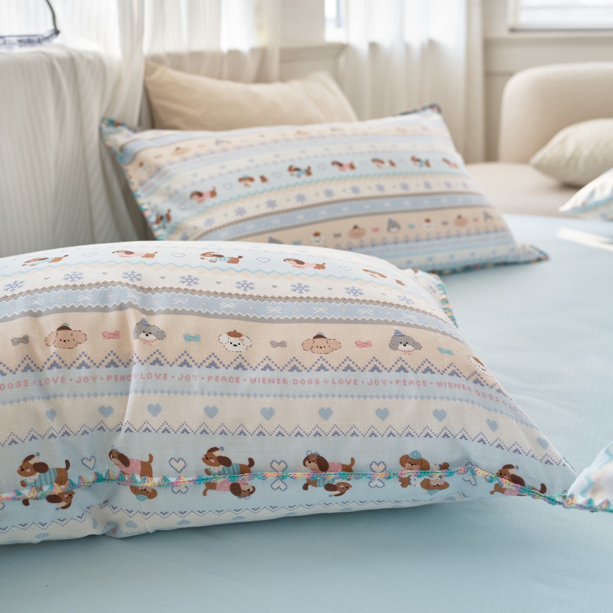 91家纺网 家纺一手货源 找家纺 洋铭区（原狠狠爱） 2026新款春季全棉彩边双层纱四件套 波斯小懒狗