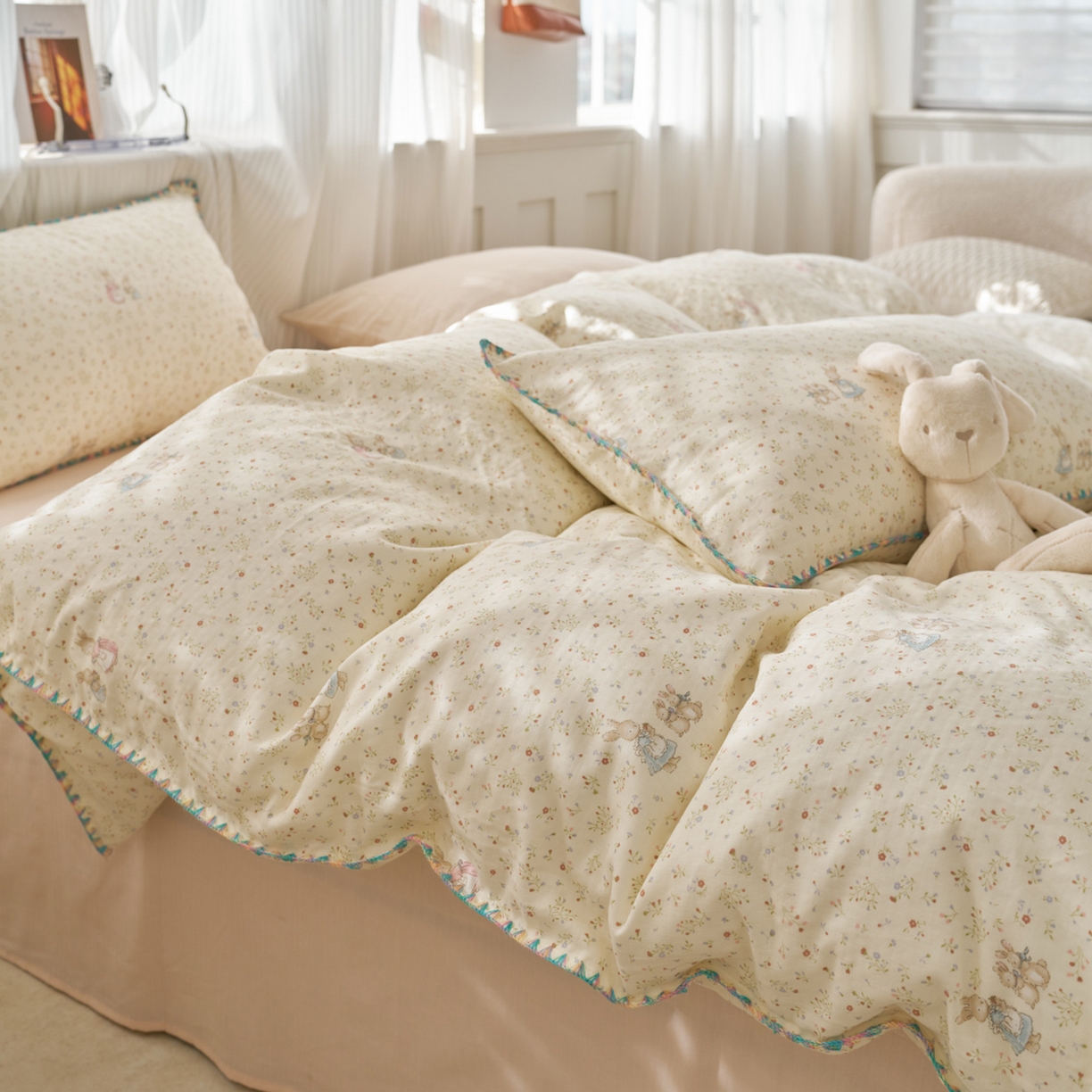 91家纺网 家纺一手货源 找家纺 洋铭区（原狠狠爱） 2026新款春季全棉彩边双层纱四件套 繁花兔兔