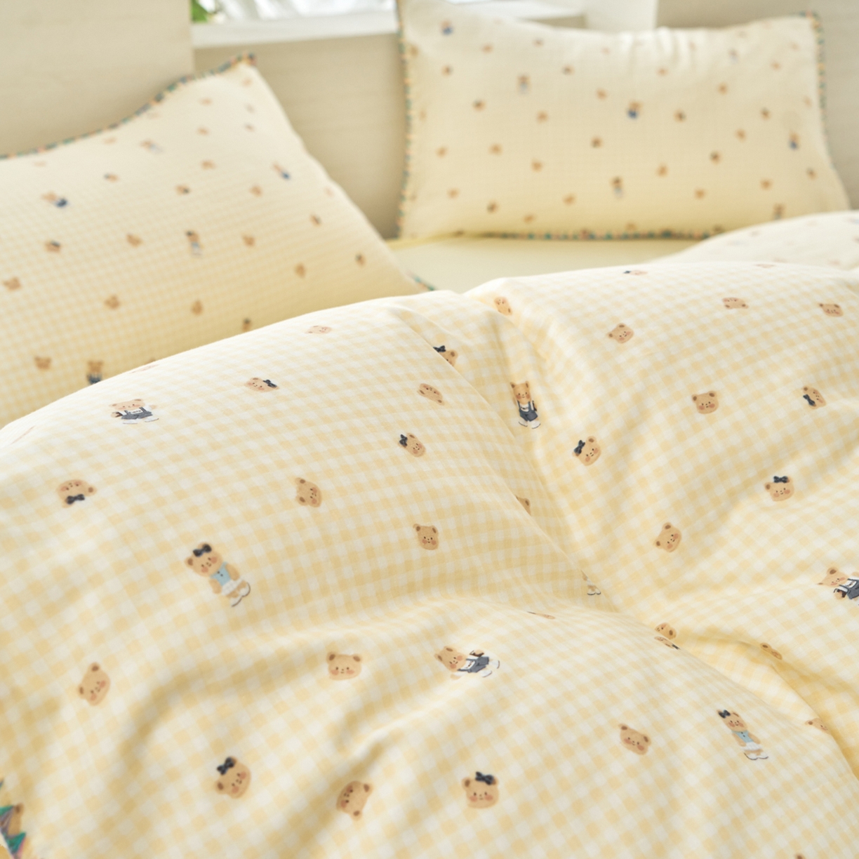 91家纺网 家纺一手货源 找家纺 洋铭区（原狠狠爱） 2026新款春季全棉彩边双层纱四件套 格格小熊