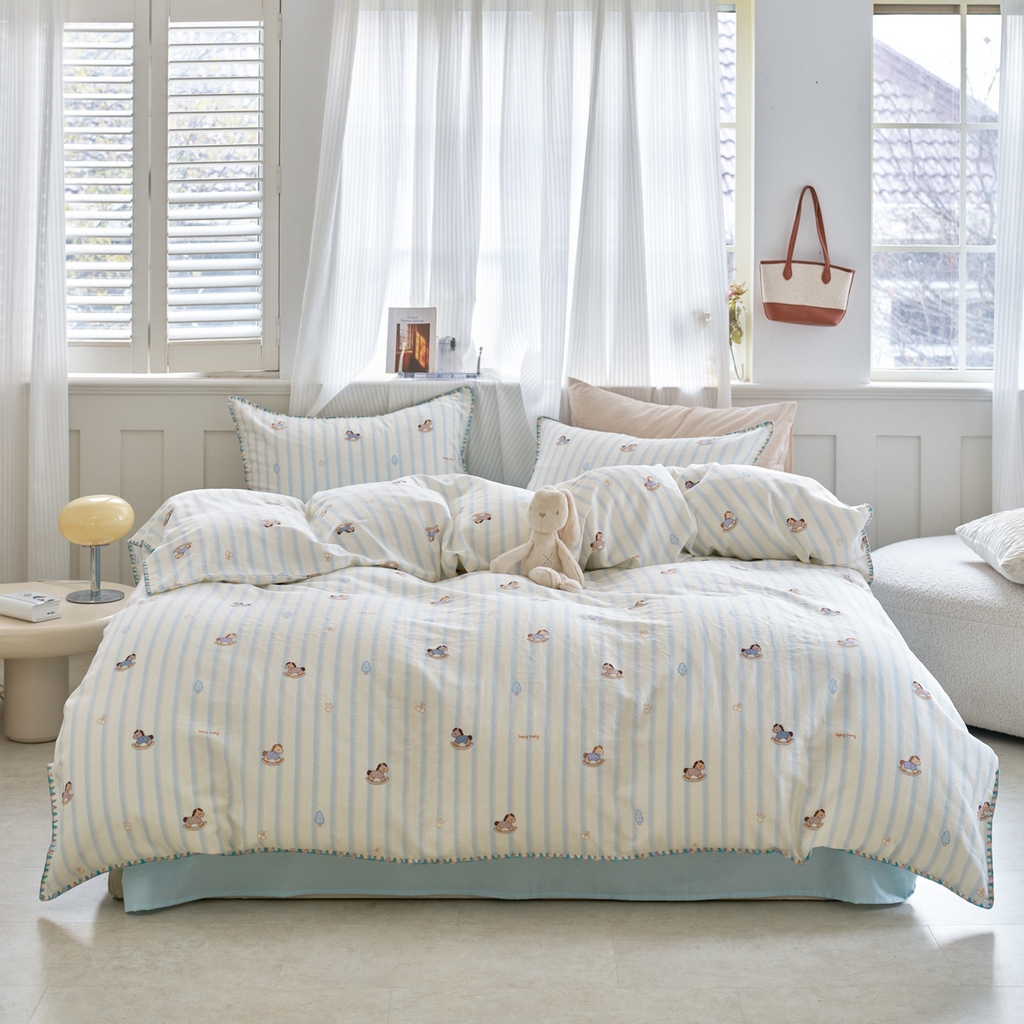 洋铭区（原狠狠爱） 2026新款春季全棉彩边双层纱四件套 海蓝小木马