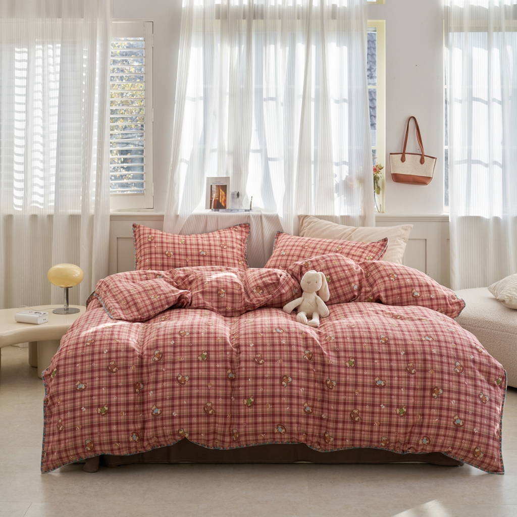 洋铭区（原狠狠爱） 2026新款春季全棉彩边双层纱四件套 红格小马