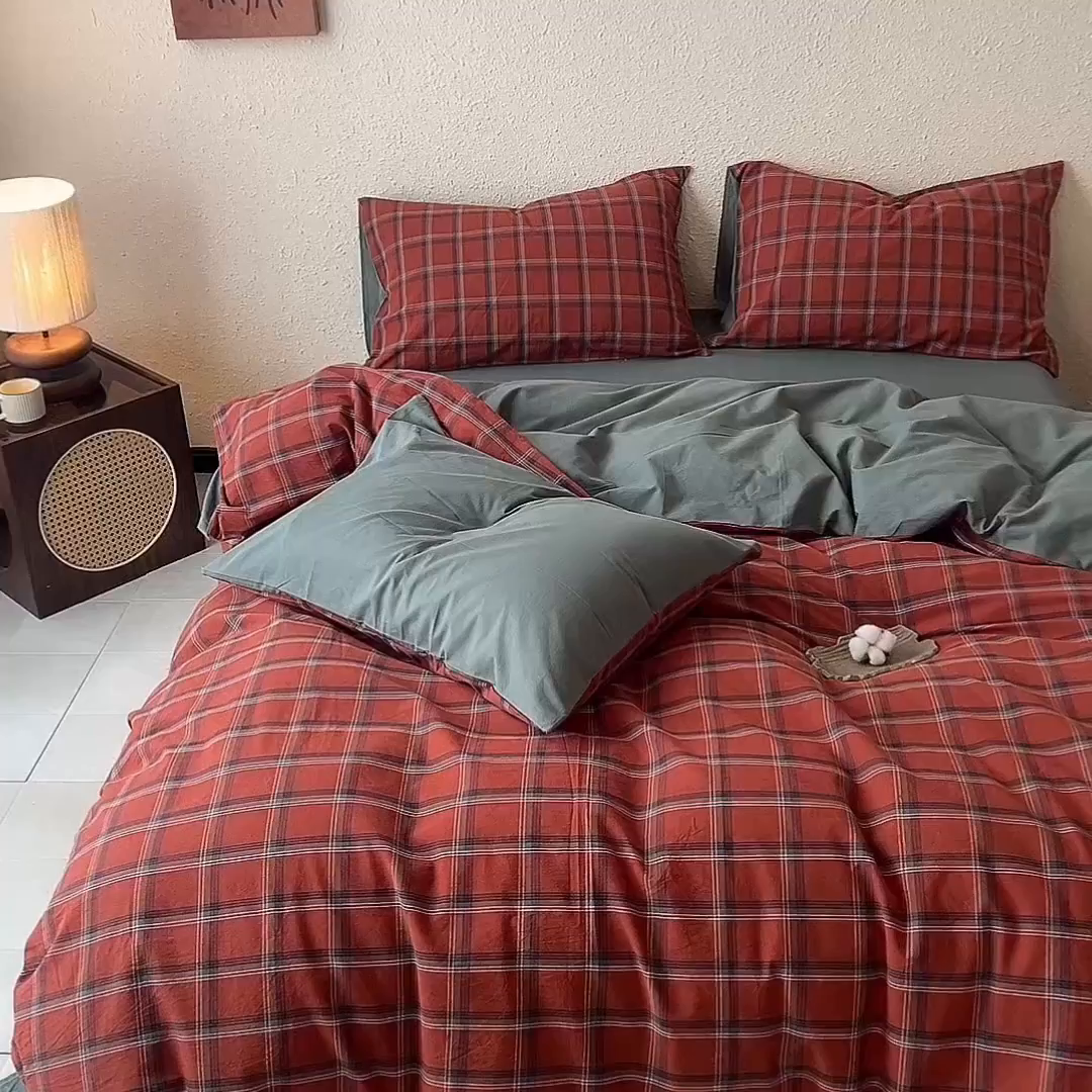 91家纺网 家纺一手货源 找家纺 （总）兰紫橙家纺 2026新款全棉水洗棉印花格子四件套 单被套 床单款 床笠款 ---全尺寸