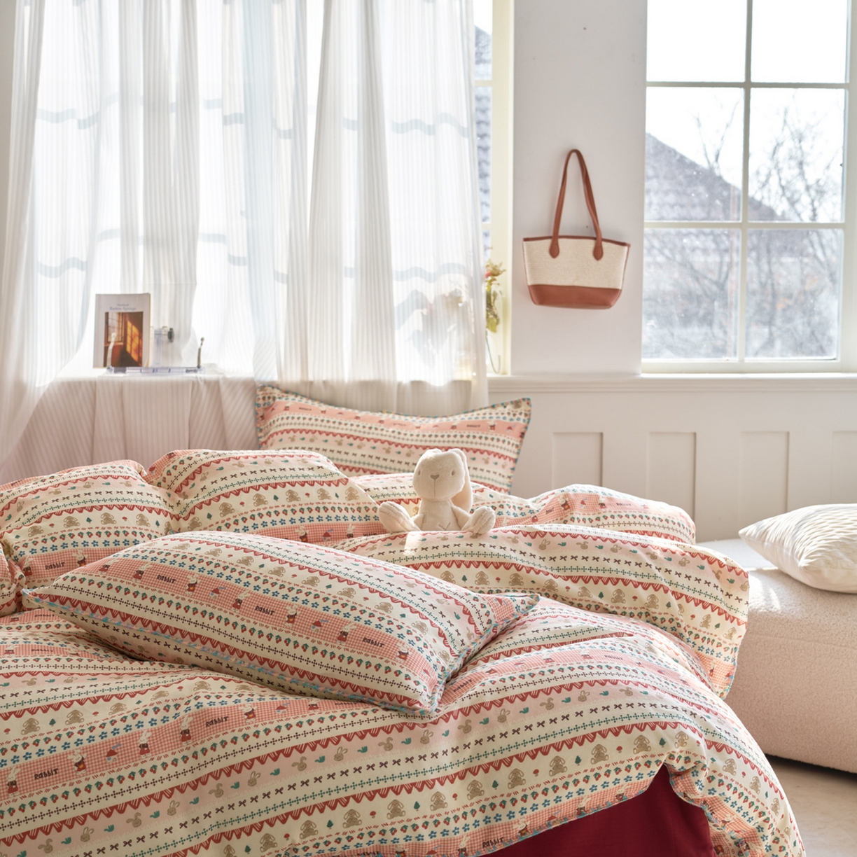 91家纺网 家纺一手货源 找家纺 洋铭区（原狠狠爱） 2026新款春季全棉彩边双层纱四件套 红枣小兔