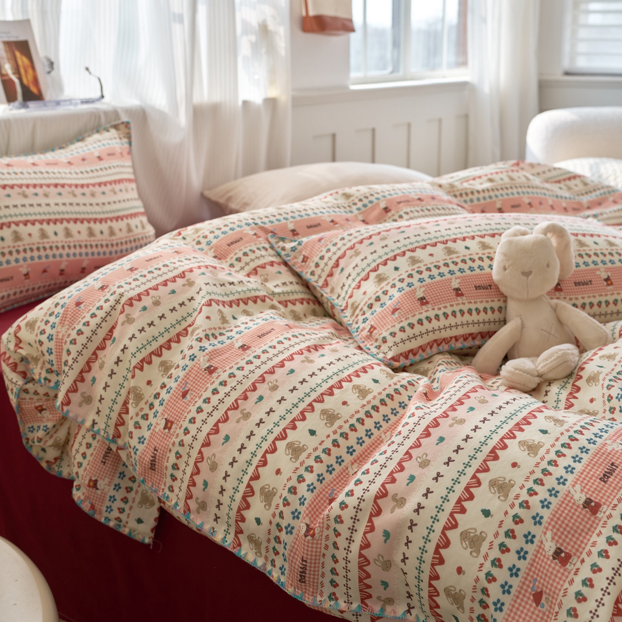 91家纺网 家纺一手货源 找家纺 洋铭区（原狠狠爱） 2026新款春季全棉彩边双层纱四件套 红枣小兔