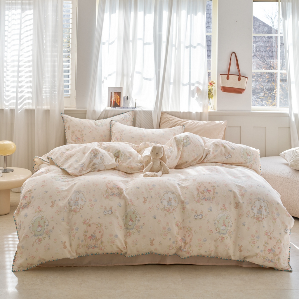 洋铭区（原狠狠爱） 2026新款春季全棉彩边双层纱四件套 花朵兔兔