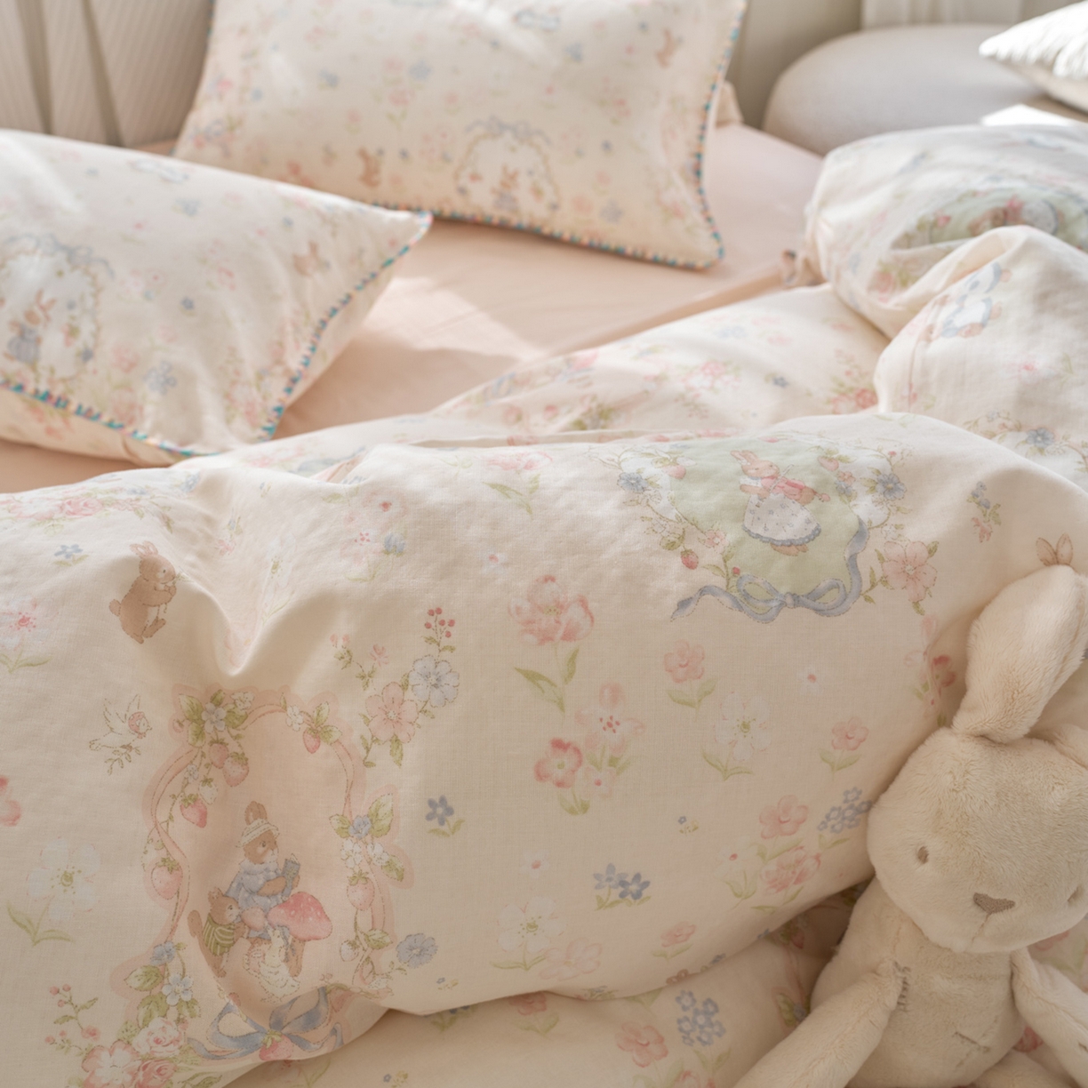 91家纺网 家纺一手货源 找家纺 洋铭区（原狠狠爱） 2026新款春季全棉彩边双层纱四件套 花朵兔兔