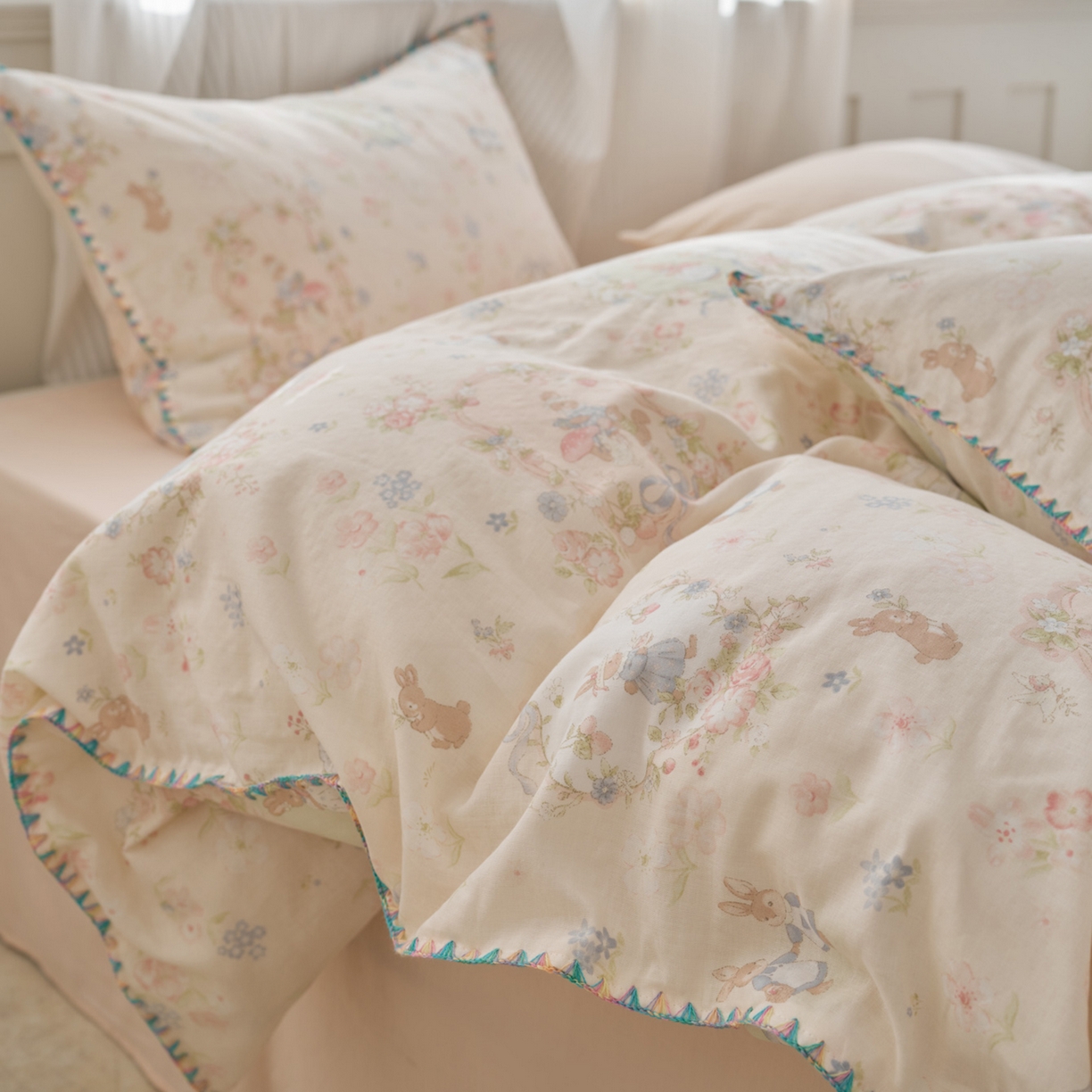 91家纺网 家纺一手货源 找家纺 洋铭区（原狠狠爱） 2026新款春季全棉彩边双层纱四件套 花朵兔兔