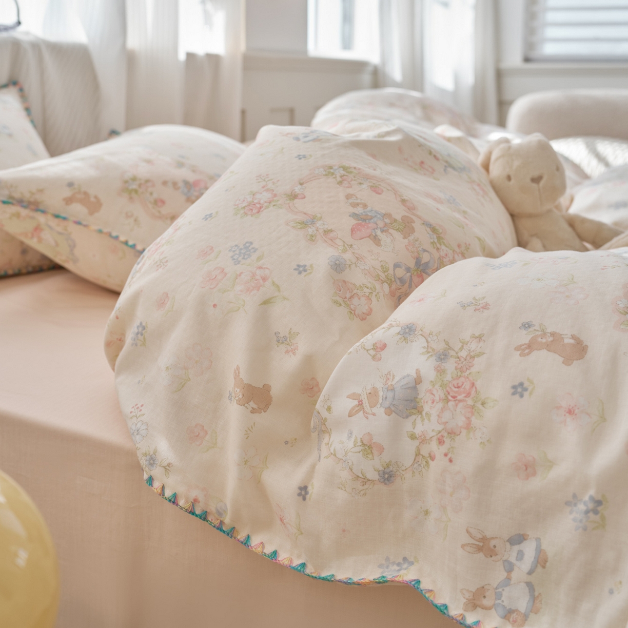 91家纺网 家纺一手货源 找家纺 洋铭区（原狠狠爱） 2026新款春季全棉彩边双层纱四件套 花朵兔兔