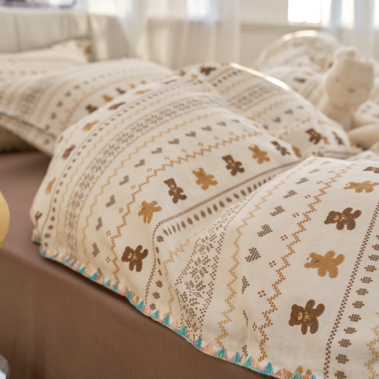 91家纺网 家纺一手货源 找家纺 洋铭区（原狠狠爱） 2026新款春季全棉彩边双层纱四件套 焦糖小熊