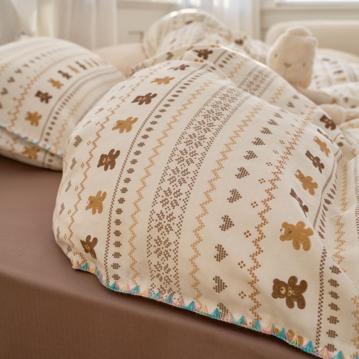 91家纺网 家纺一手货源 找家纺 洋铭区（原狠狠爱） 2026新款春季全棉彩边双层纱四件套 焦糖小熊