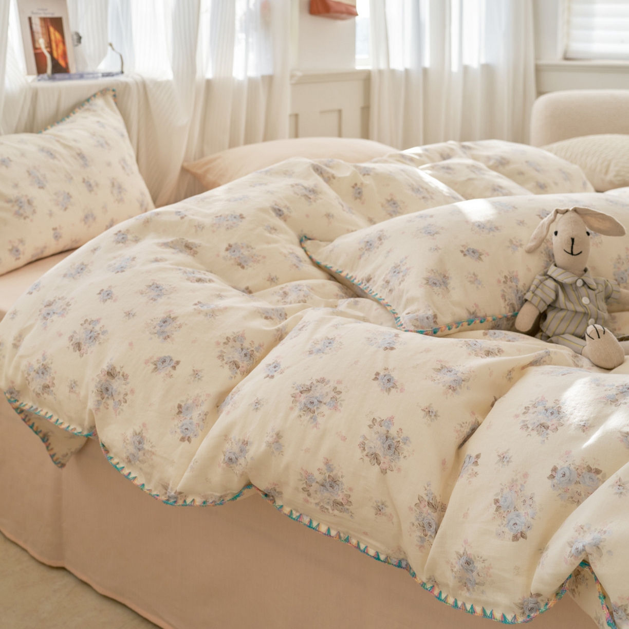 91家纺网 家纺一手货源 找家纺 洋铭区（原狠狠爱） 2026新款春季全棉彩边双层纱四件套 兰花香