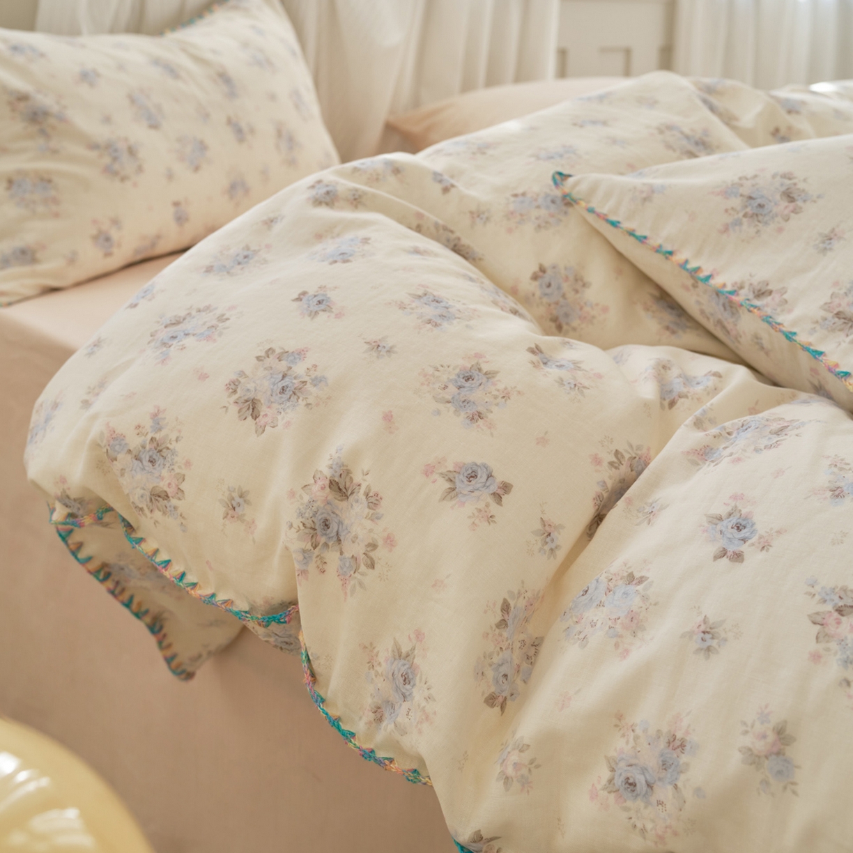 91家纺网 家纺一手货源 找家纺 洋铭区（原狠狠爱） 2026新款春季全棉彩边双层纱四件套 兰花香