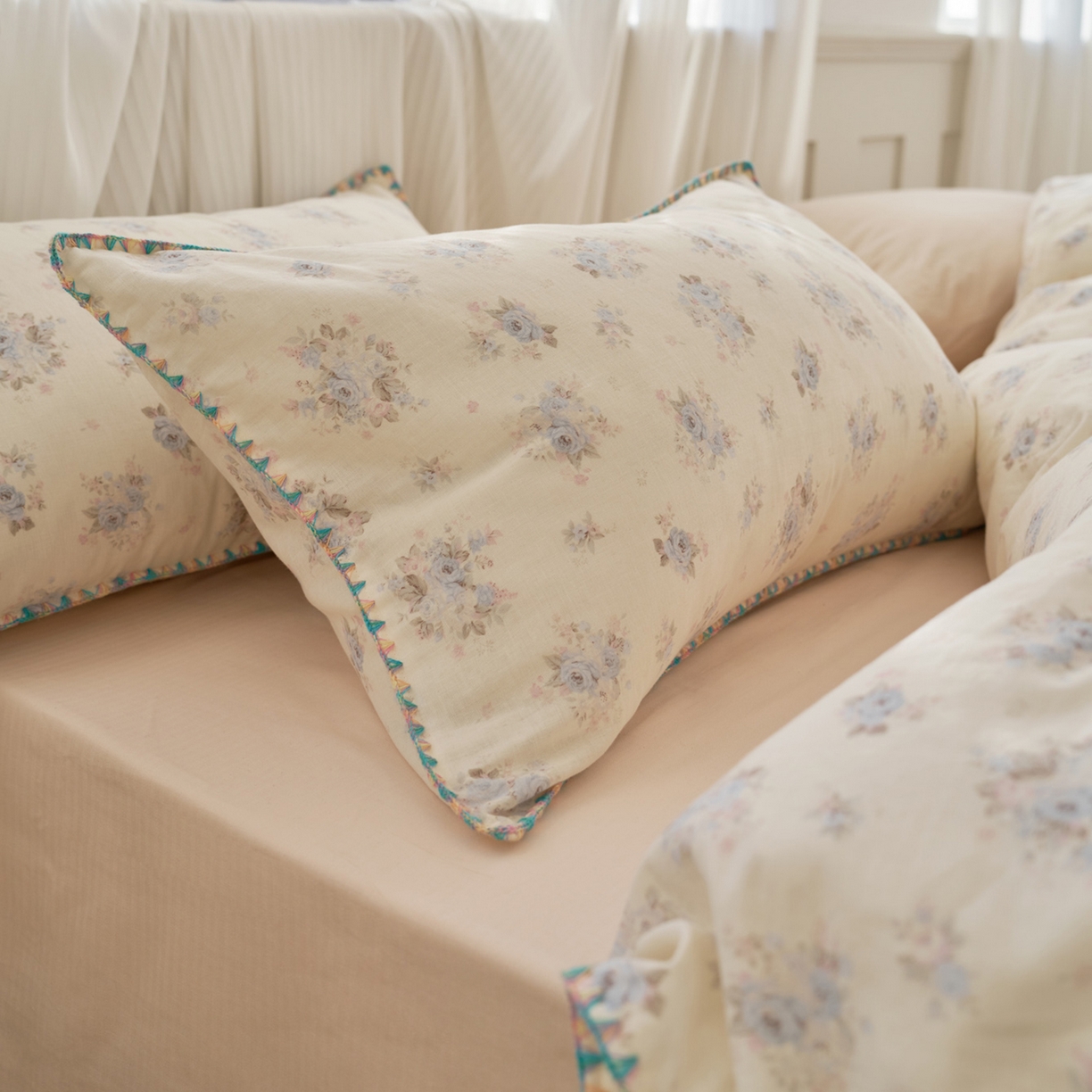 91家纺网 家纺一手货源 找家纺 洋铭区（原狠狠爱） 2026新款春季全棉彩边双层纱四件套 兰花香