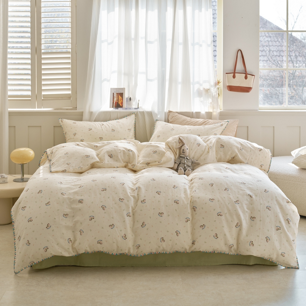 洋铭区（原狠狠爱） 2026新款春季全棉彩边双层纱四件套 绿芽小马