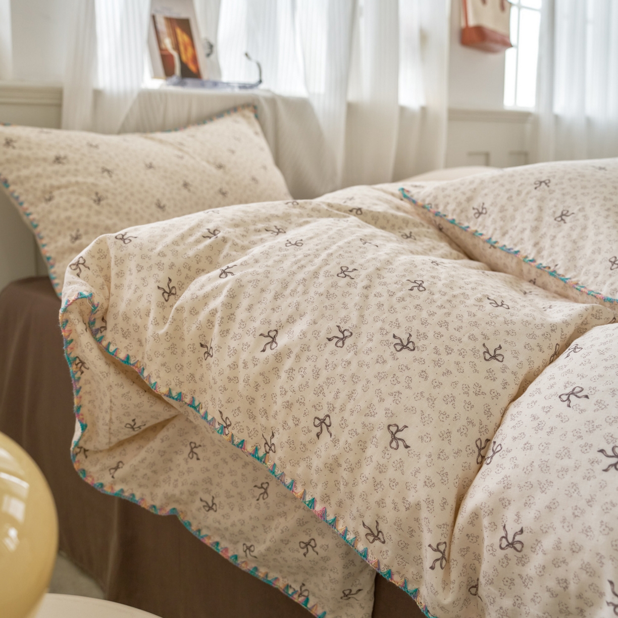 91家纺网 家纺一手货源 找家纺 洋铭区（原狠狠爱） 2026新款春季全棉彩边双层纱四件套 奶茶蝴蝶结