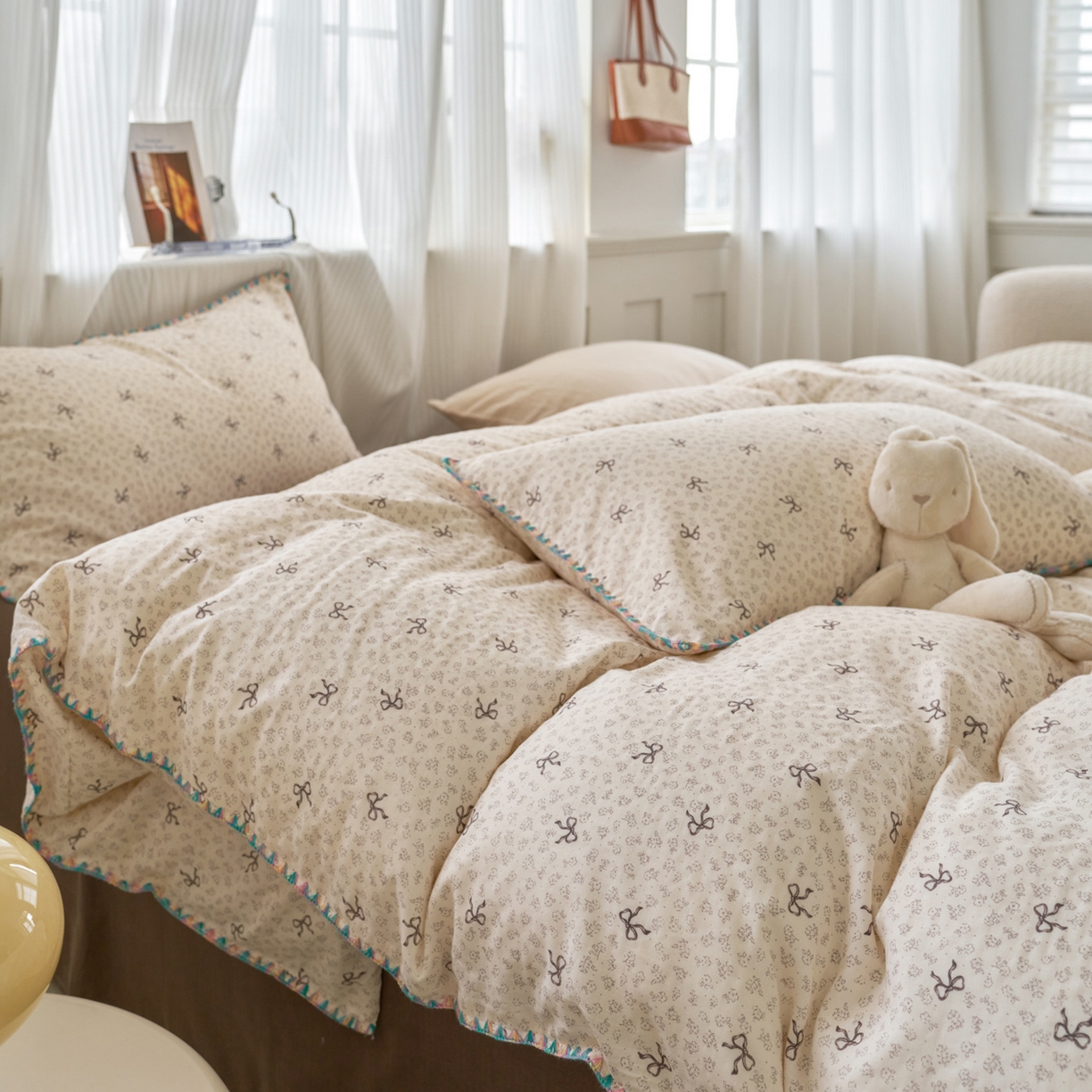 91家纺网 家纺一手货源 找家纺 洋铭区（原狠狠爱） 2026新款春季全棉彩边双层纱四件套 奶茶蝴蝶结