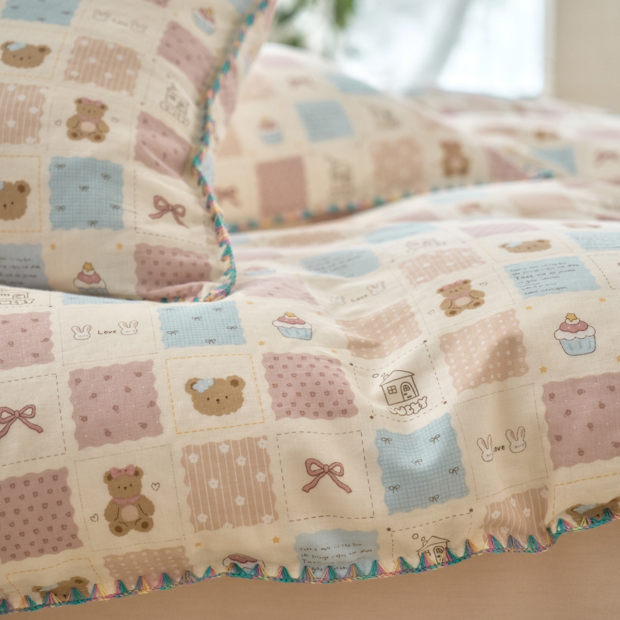 91家纺网 家纺一手货源 找家纺 洋铭区（原狠狠爱） 2026新款春季全棉彩边双层纱四件套 奶糕熊熊