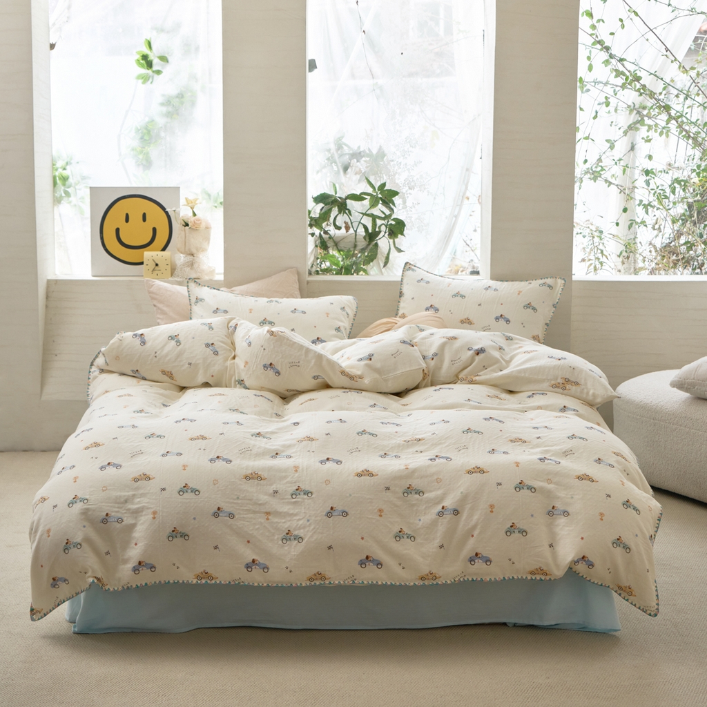 洋铭区（原狠狠爱） 2026新款春季全棉彩边双层纱四件套 汽车派对