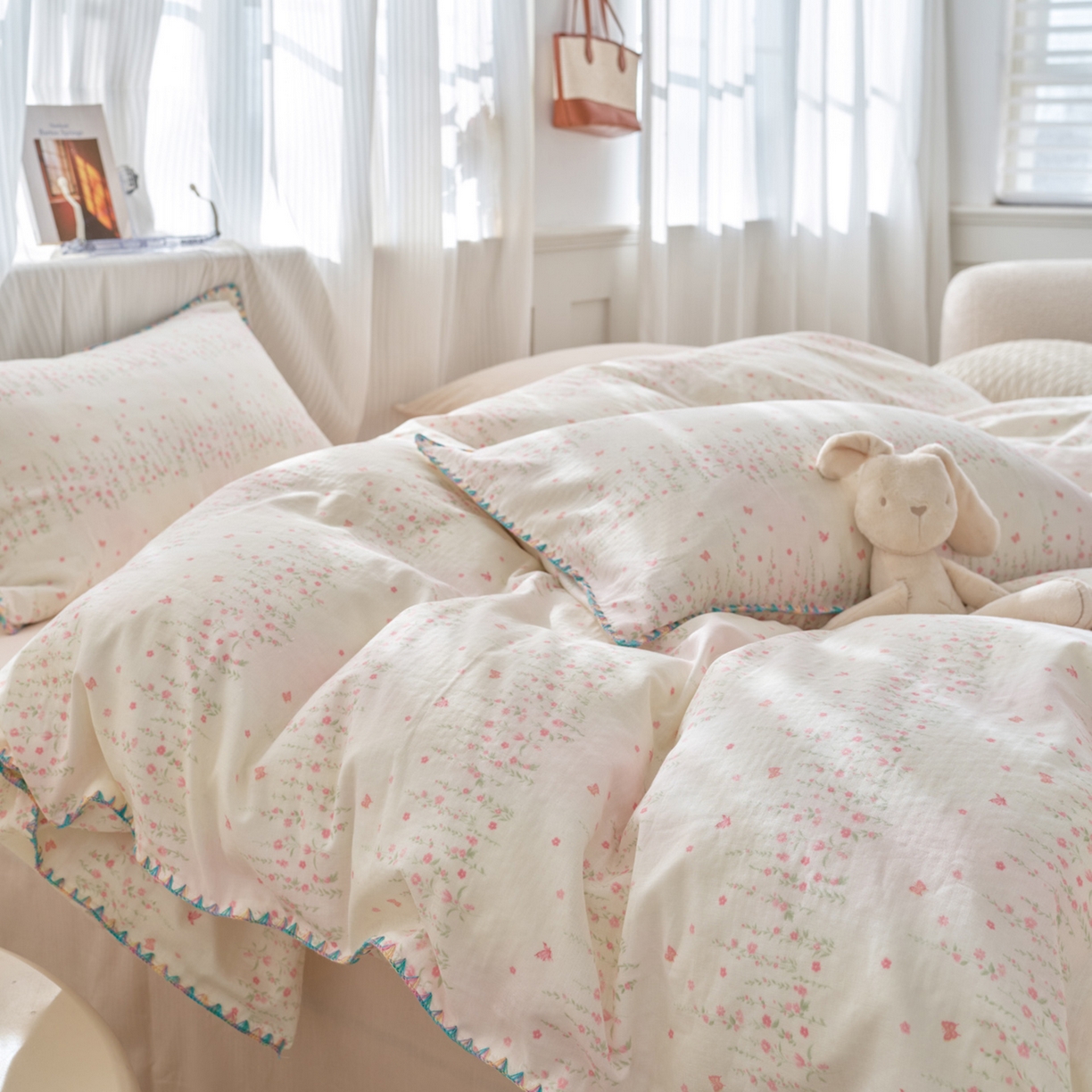 91家纺网 家纺一手货源 找家纺 洋铭区（原狠狠爱） 2026新款春季全棉彩边双层纱四件套 桃桃粉花