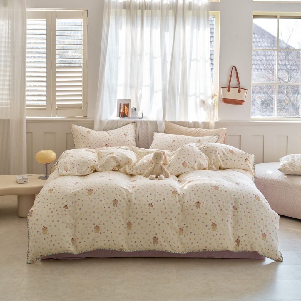 洋铭区（原狠狠爱） 2026新款春季全棉彩边双层纱四件套 甜果小象