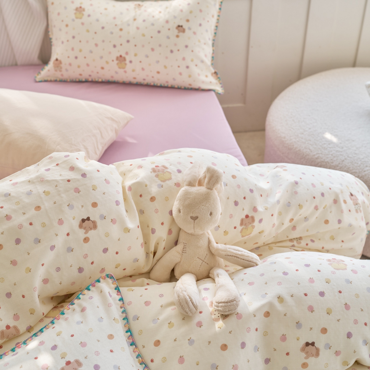 91家纺网 家纺一手货源 找家纺 洋铭区（原狠狠爱） 2026新款春季全棉彩边双层纱四件套 甜果小象