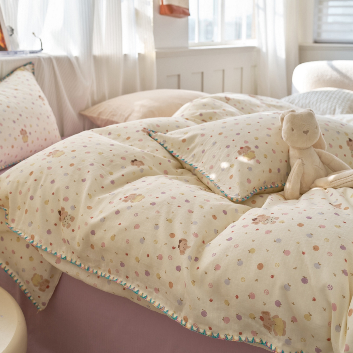 91家纺网 家纺一手货源 找家纺 洋铭区（原狠狠爱） 2026新款春季全棉彩边双层纱四件套 甜果小象