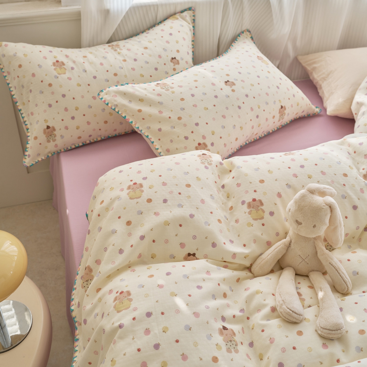 91家纺网 家纺一手货源 找家纺 洋铭区（原狠狠爱） 2026新款春季全棉彩边双层纱四件套 甜果小象