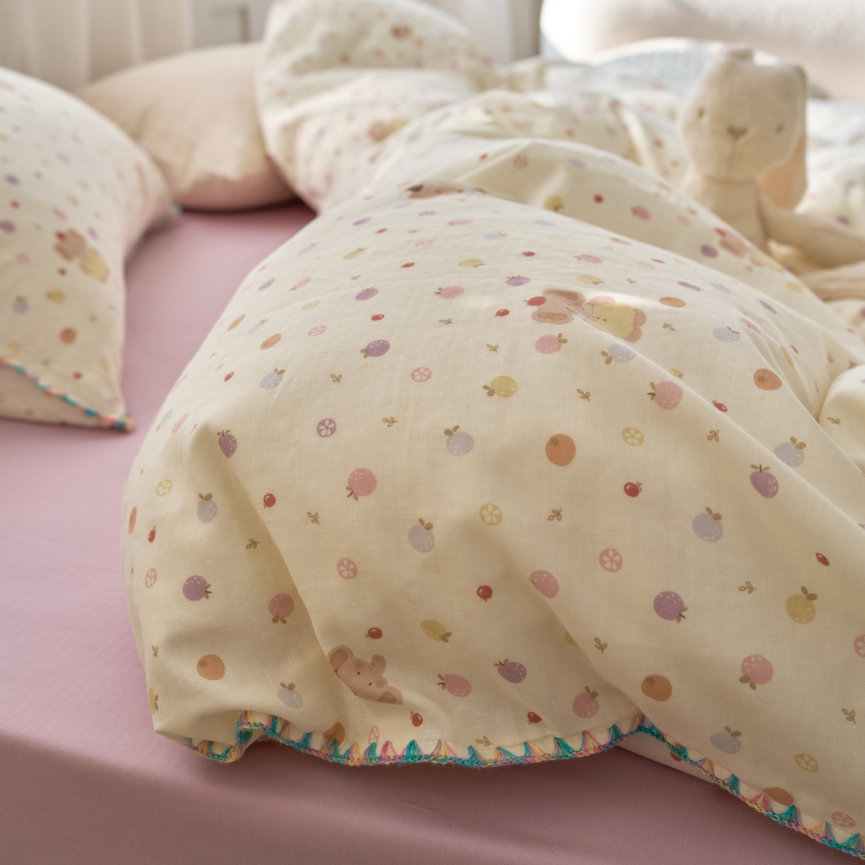 91家纺网 家纺一手货源 找家纺 洋铭区（原狠狠爱） 2026新款春季全棉彩边双层纱四件套 甜果小象