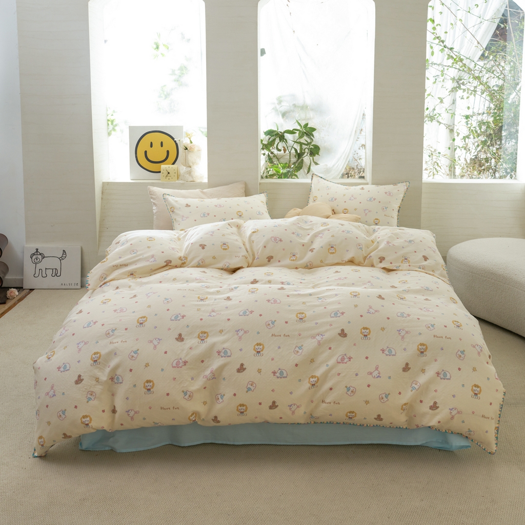 洋铭区（原狠狠爱） 2026新款春季全棉彩边双层纱四件套 图图小狮子