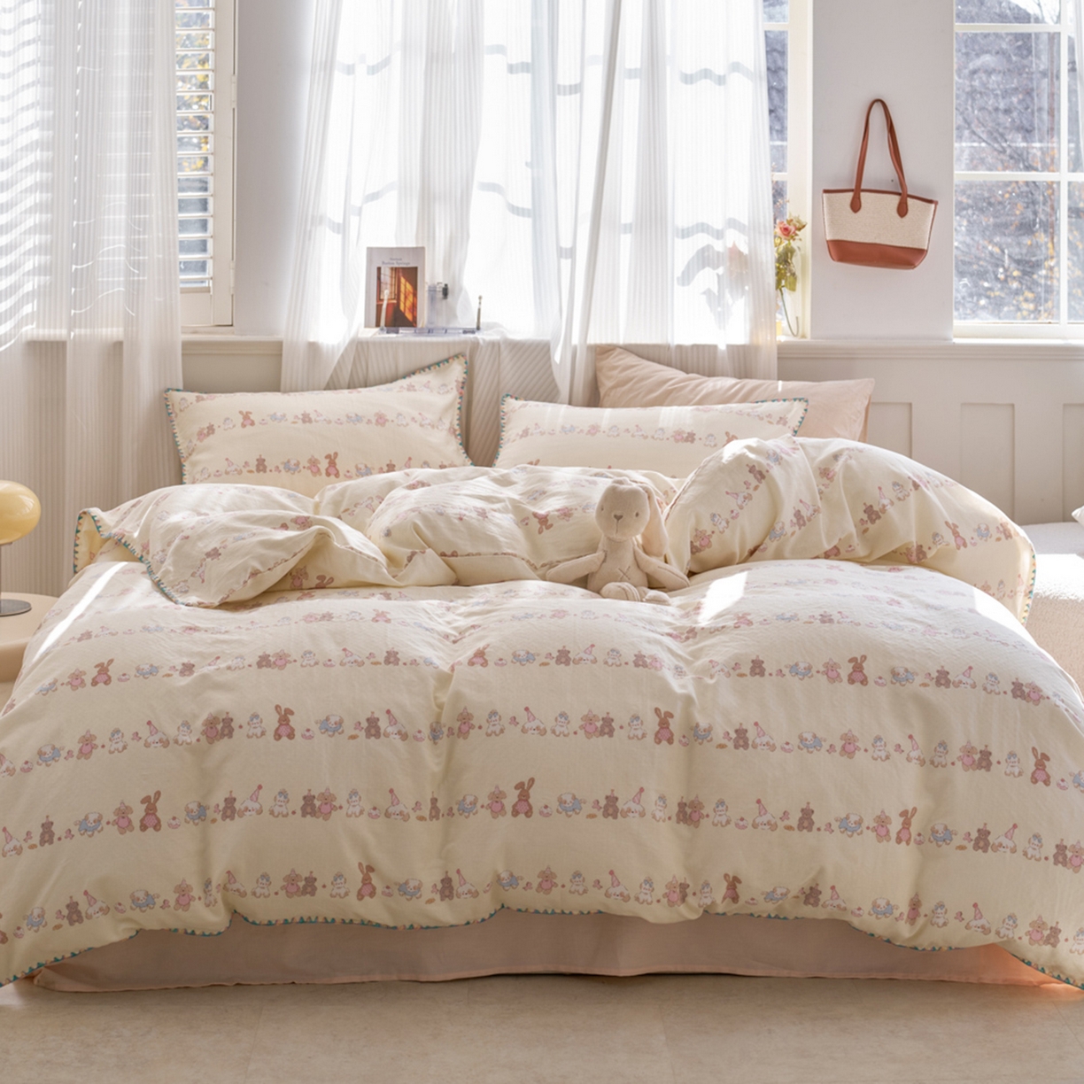 洋铭区（原狠狠爱） 2026新款春季全棉彩边双层纱四件套 幸运小可爱