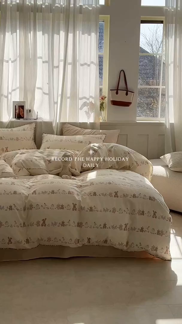 91家纺网 家纺一手货源 找家纺 洋铭区（原狠狠爱） 2026新款春季全棉彩边双层纱四件套 幸运小可爱