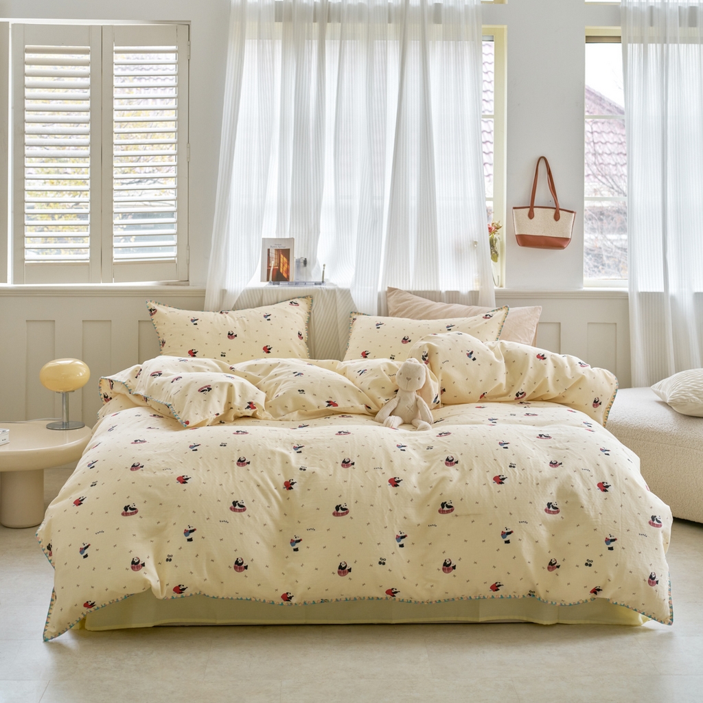 洋铭区（原狠狠爱） 2026新款春季全棉彩边双层纱四件套 熊猫嘟嘟