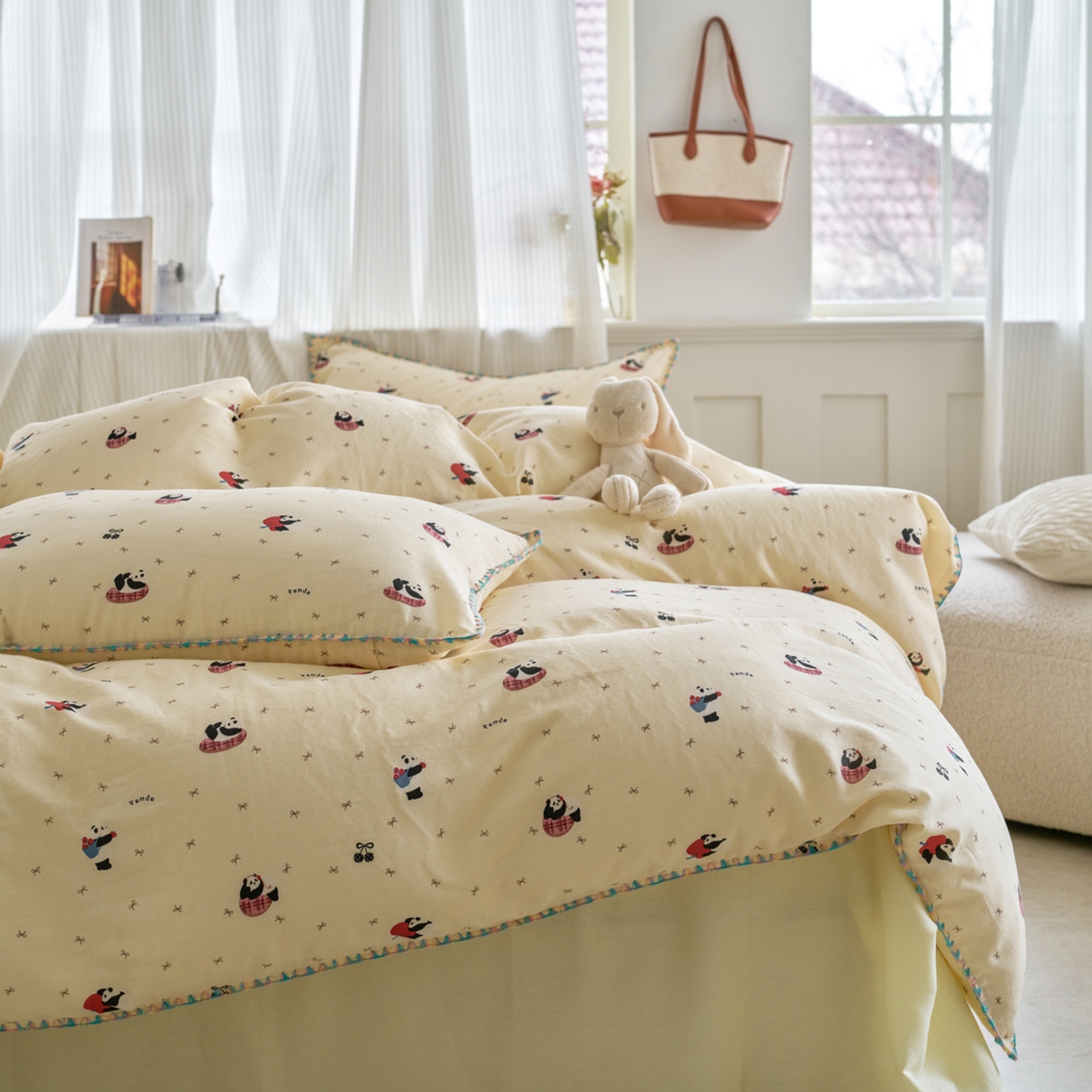 91家纺网 家纺一手货源 找家纺 洋铭区（原狠狠爱） 2026新款春季全棉彩边双层纱四件套 熊猫嘟嘟