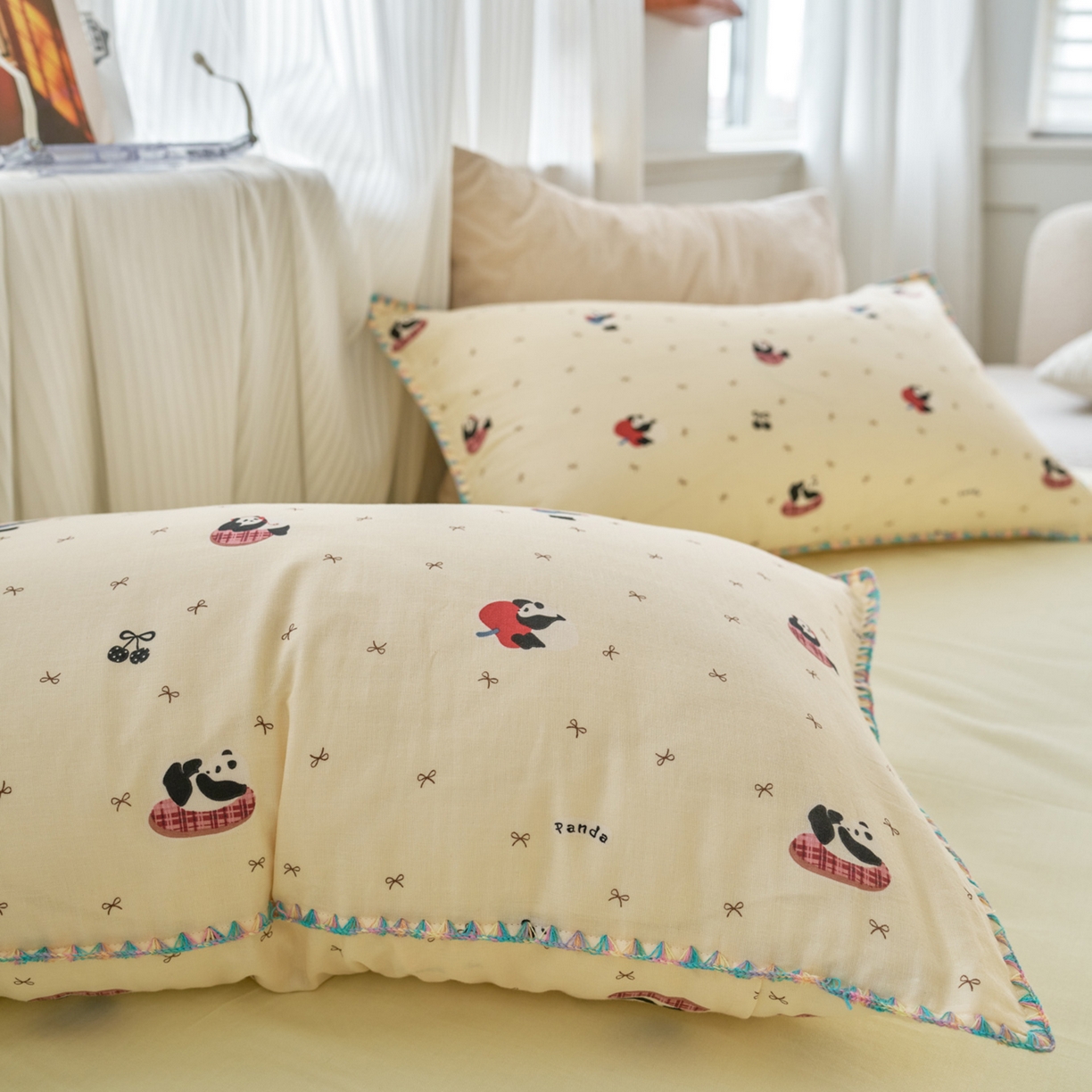 91家纺网 家纺一手货源 找家纺 洋铭区（原狠狠爱） 2026新款春季全棉彩边双层纱四件套 熊猫嘟嘟