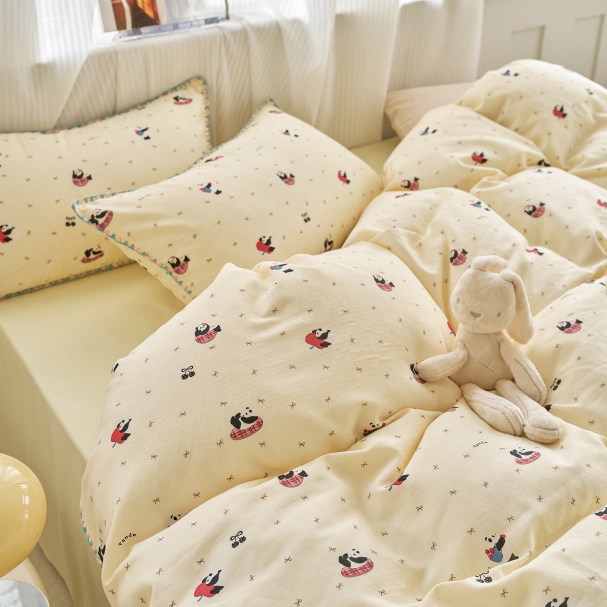 91家纺网 家纺一手货源 找家纺 洋铭区（原狠狠爱） 2026新款春季全棉彩边双层纱四件套 熊猫嘟嘟