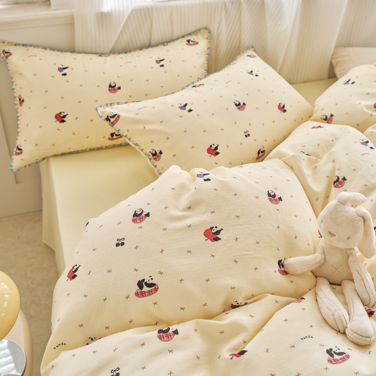 91家纺网 家纺一手货源 找家纺 洋铭区（原狠狠爱） 2026新款春季全棉彩边双层纱四件套 熊猫嘟嘟