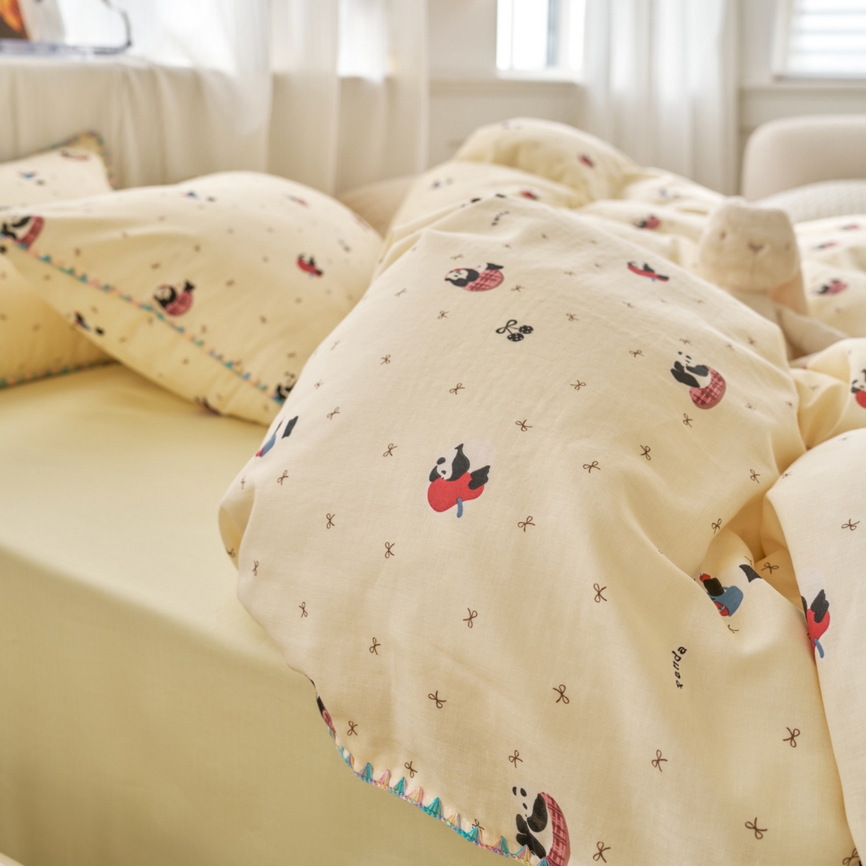 91家纺网 家纺一手货源 找家纺 洋铭区（原狠狠爱） 2026新款春季全棉彩边双层纱四件套 熊猫嘟嘟