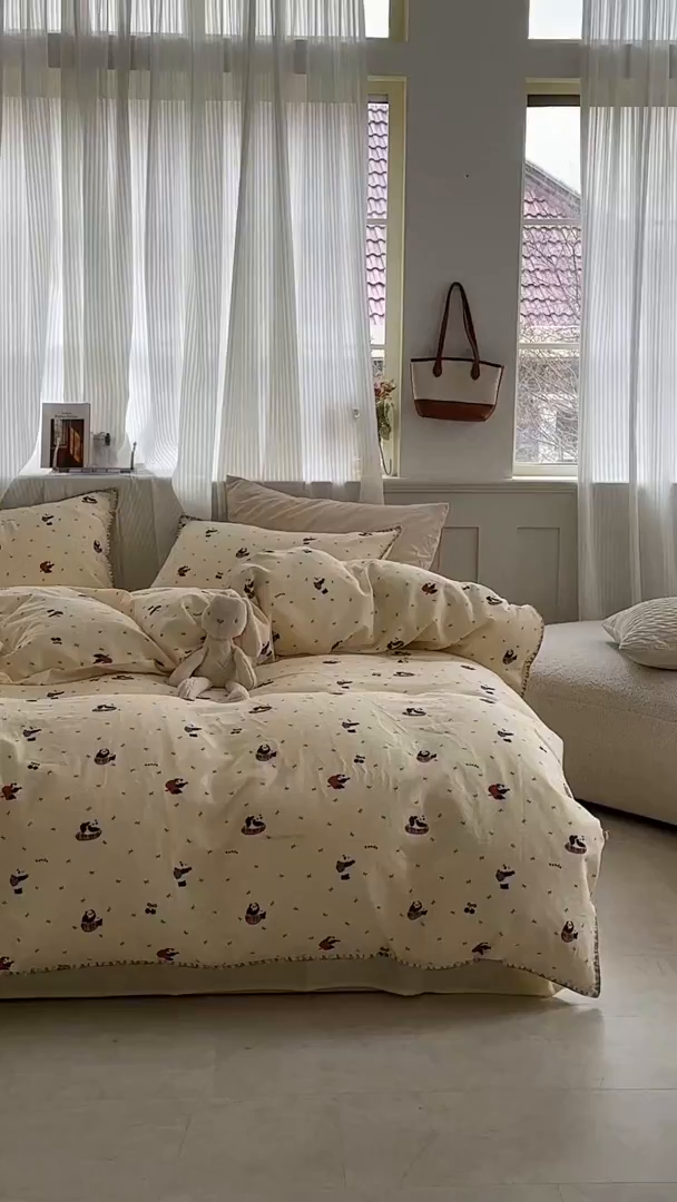 91家纺网 家纺一手货源 找家纺 洋铭区（原狠狠爱） 2026新款春季全棉彩边双层纱四件套 熊猫嘟嘟