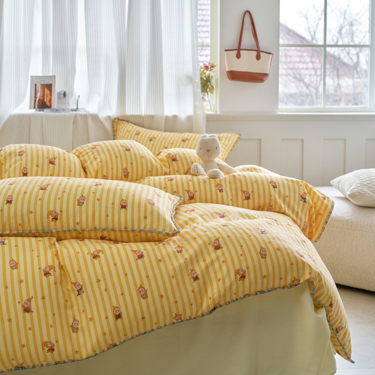 91家纺网 家纺一手货源 找家纺 洋铭区（原狠狠爱） 2026新款春季全棉彩边双层纱四件套 月光宝宝