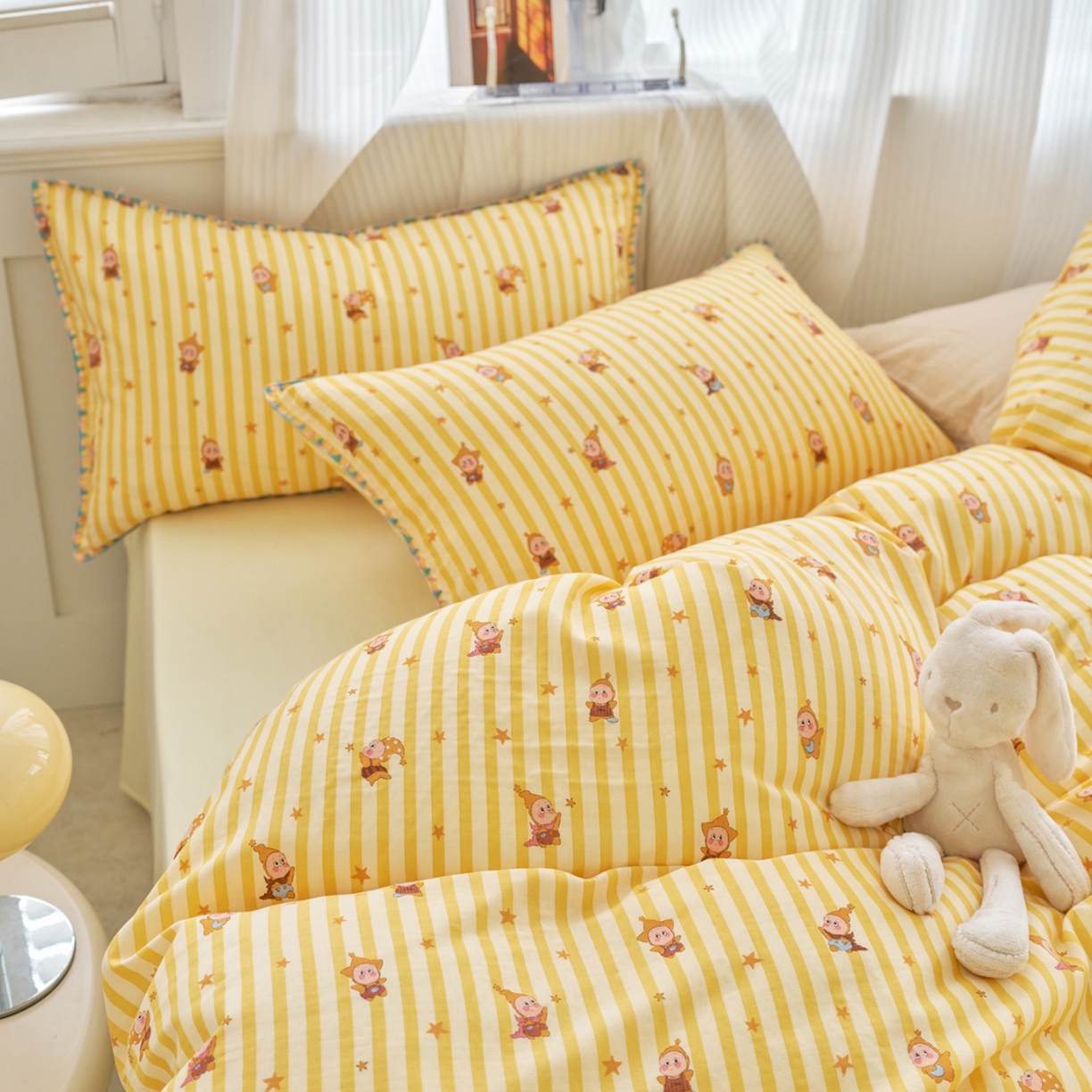 91家纺网 家纺一手货源 找家纺 洋铭区（原狠狠爱） 2026新款春季全棉彩边双层纱四件套 月光宝宝