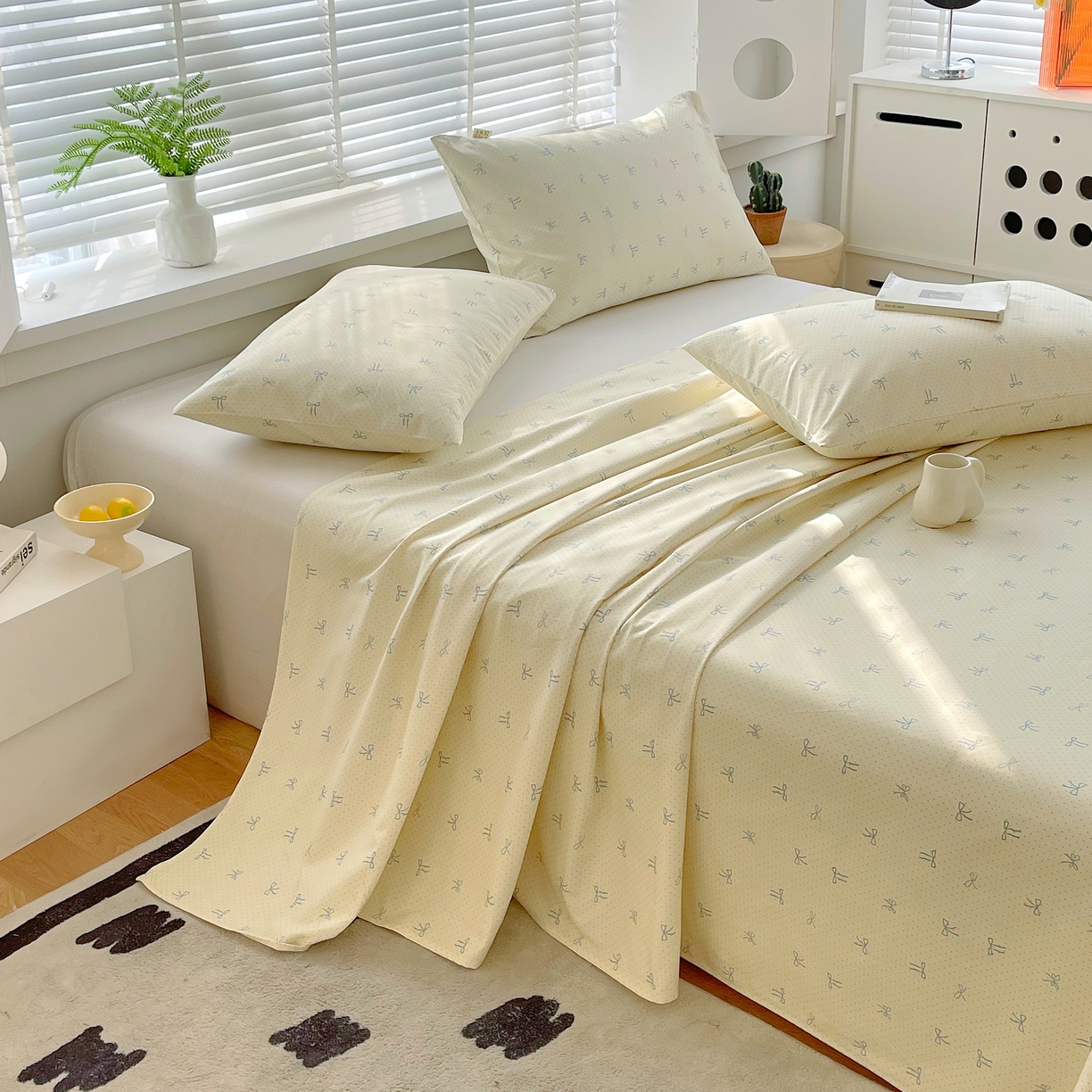 91家纺网 家纺一手货源 找家纺 爱彼家纺 2026年新款全棉老粗布加厚加密高克重凉席席子；单床单花型更好卖，床单三件套 蝴蝶结