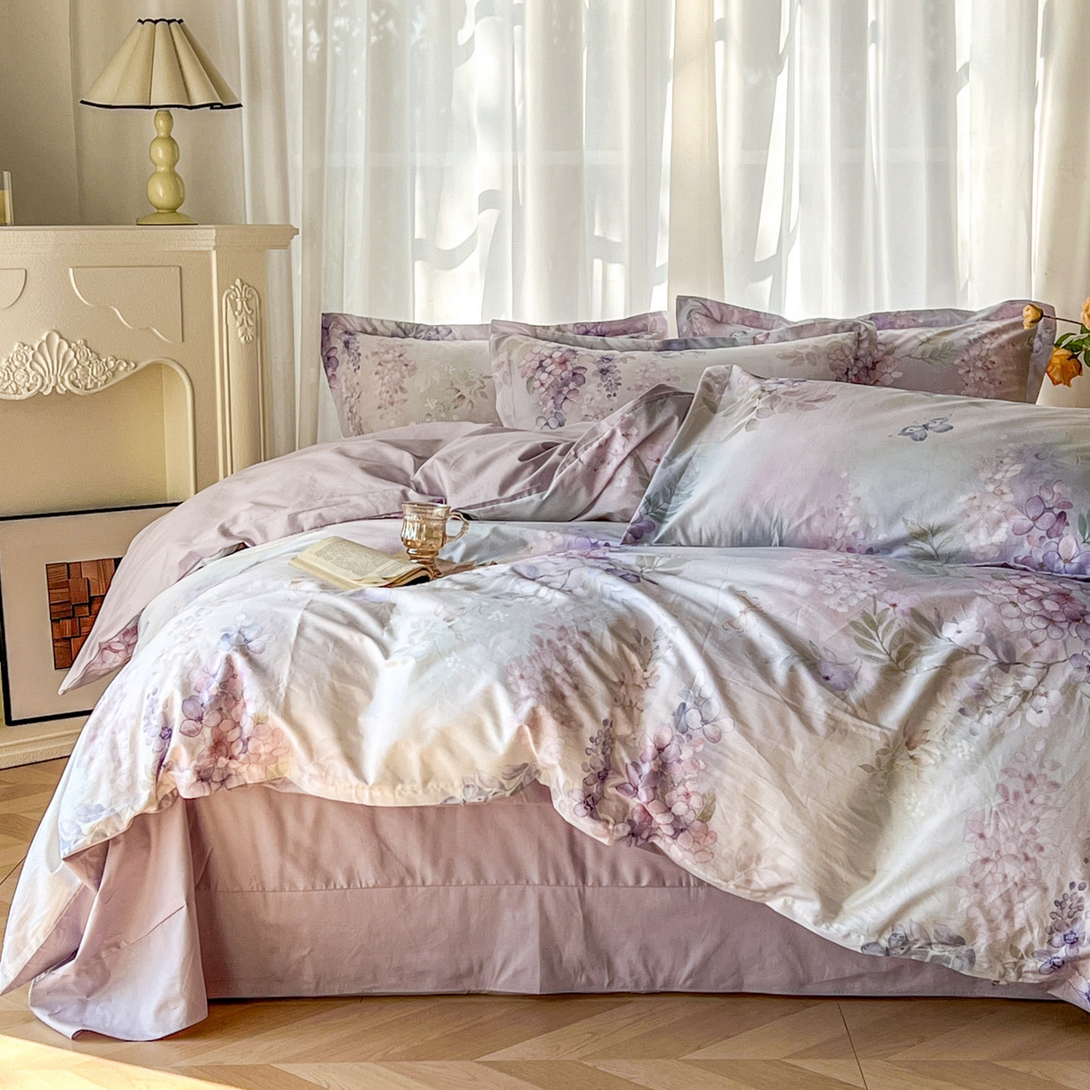 91家纺网 家纺一手货源 找家纺 典曼家纺 2026新款纯棉花卉系列全棉印花四件套 风铃-紫