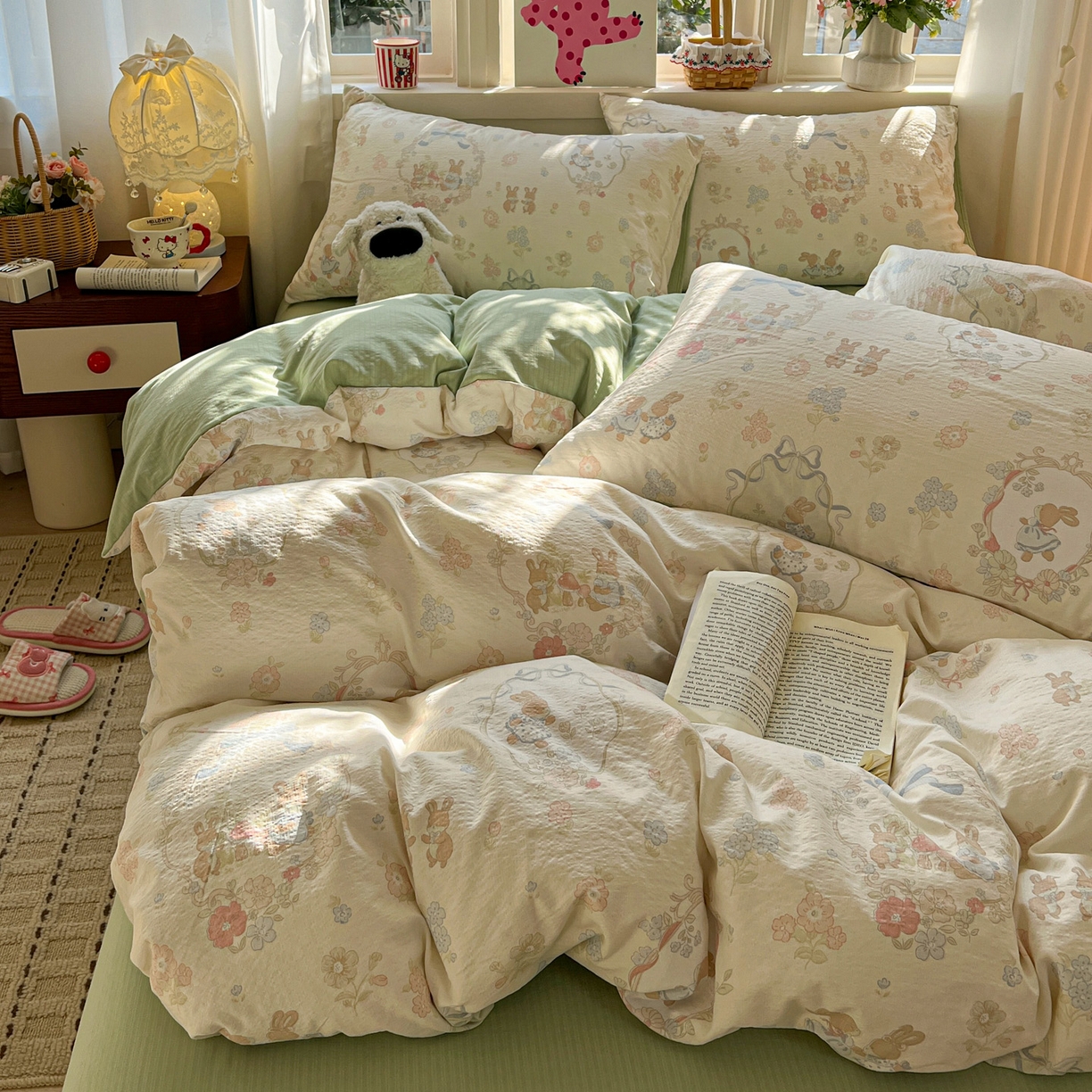 91家纺网 家纺一手货源 找家纺 水木坊 2026春夏新款云感双层纱可爱系列四件套 梦境小兔