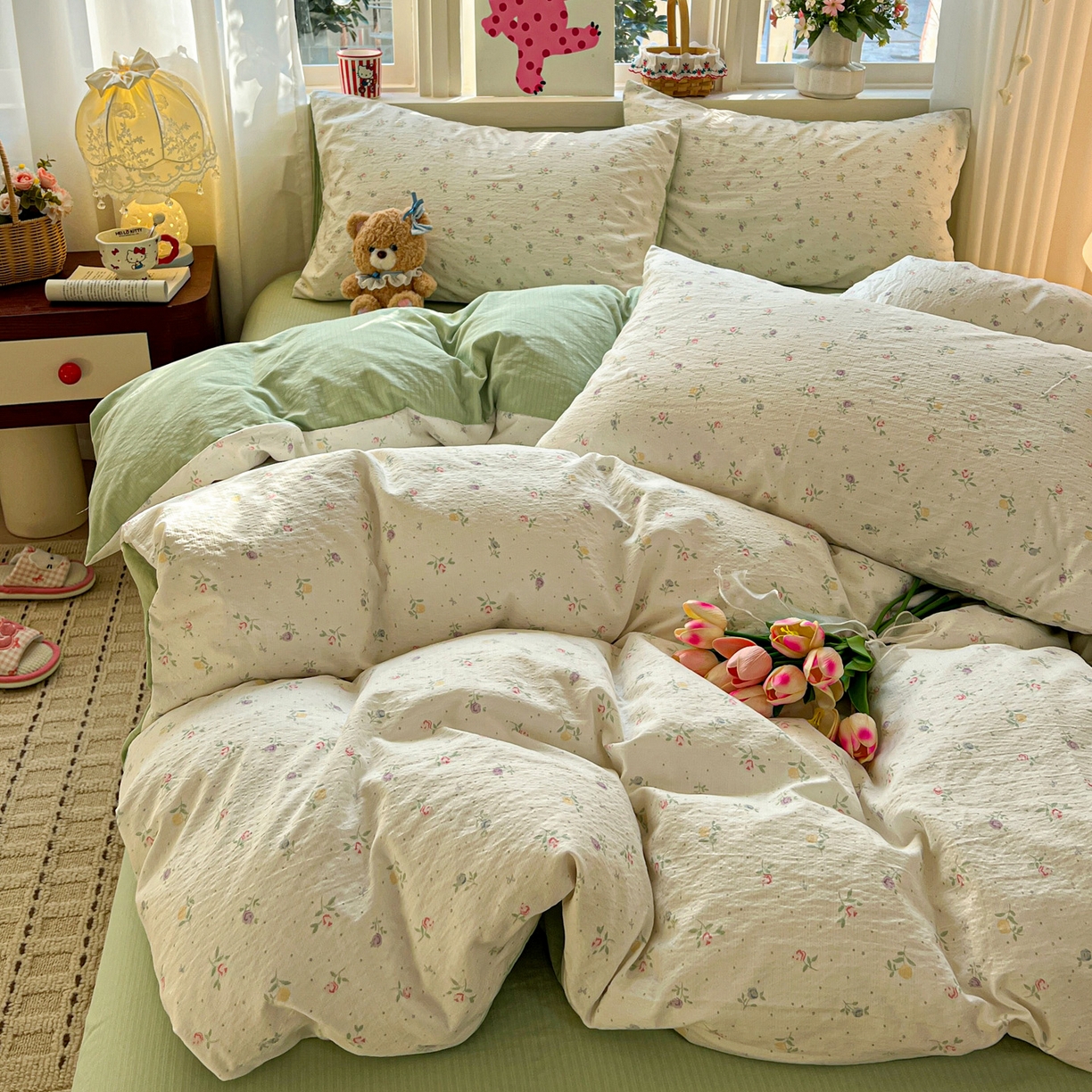 91家纺网 家纺一手货源 找家纺 水木坊 2026春夏新款云感双层纱可爱系列四件套 璎珞